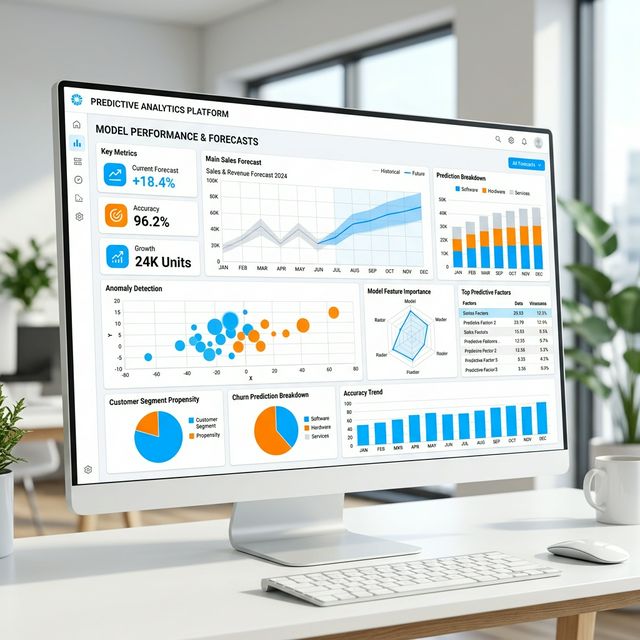 A pristine white analytics dashboard loaded with predictive machine learning charts. Lighting mode with vivid bright blue and orange accents. No people.